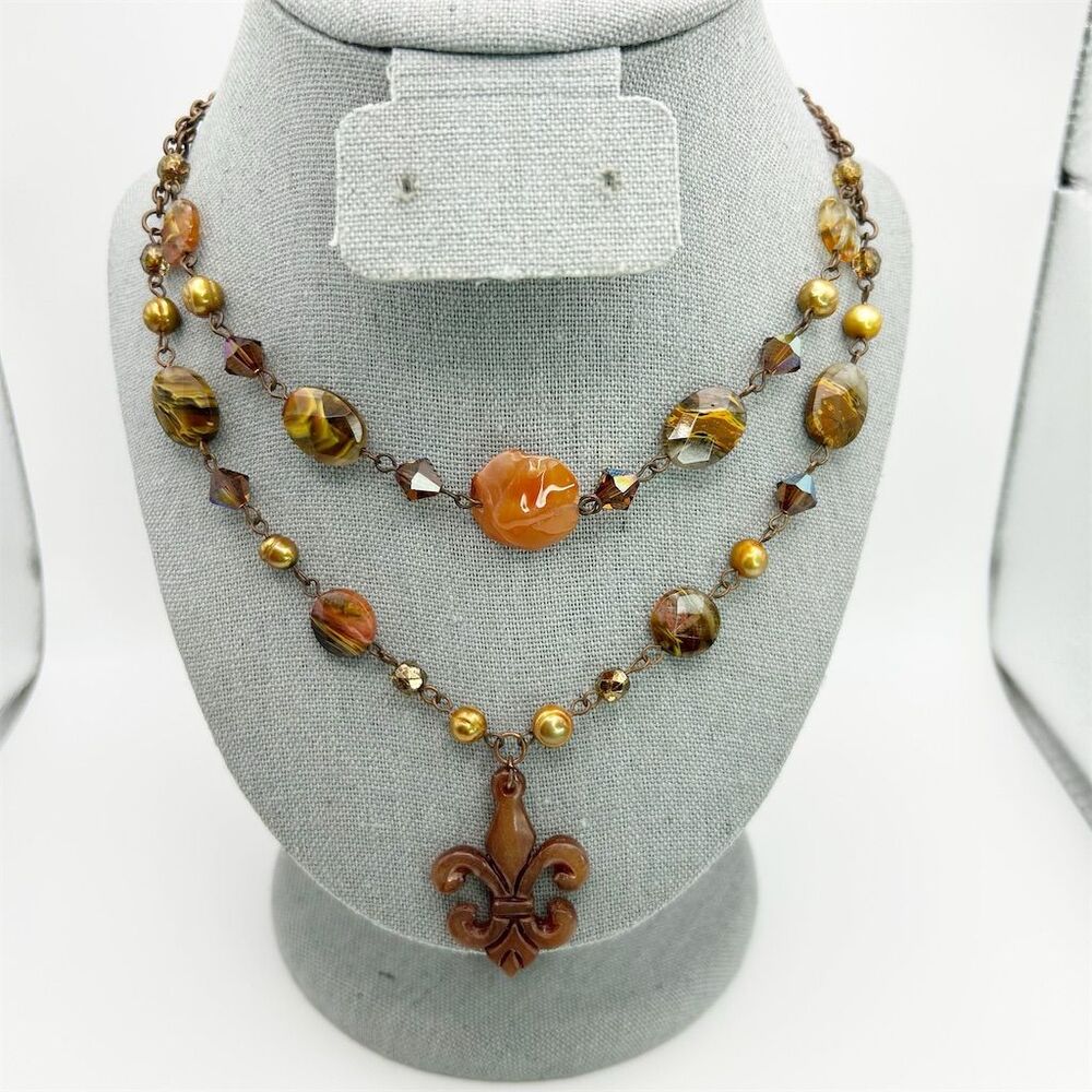 Layered Orange Stone Quartz Statement Necklace Wi… - image 1